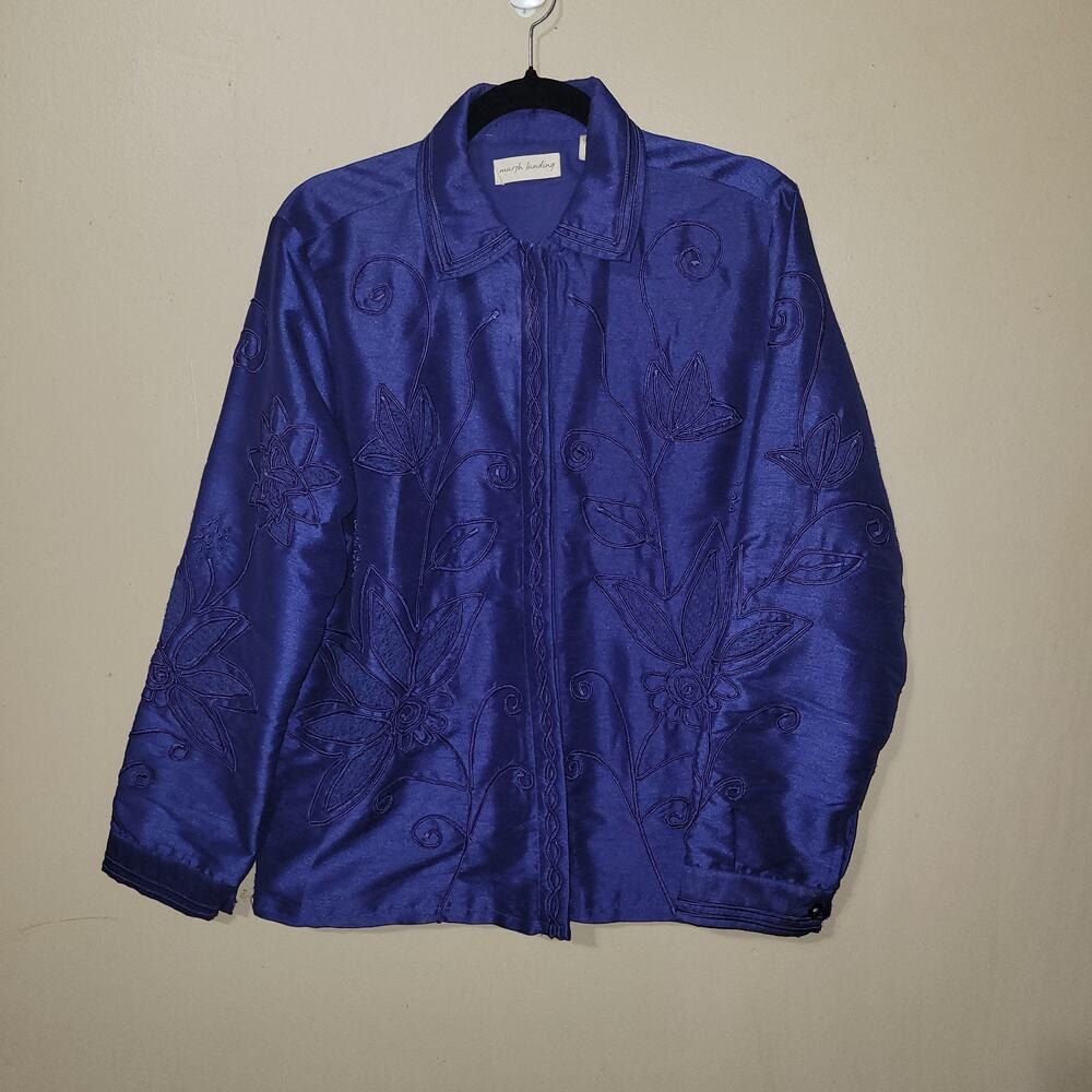 Marsh Landing Artsy Asian Floral Satin‎ Jacket Sz M Blue  Embroidery Kawaii